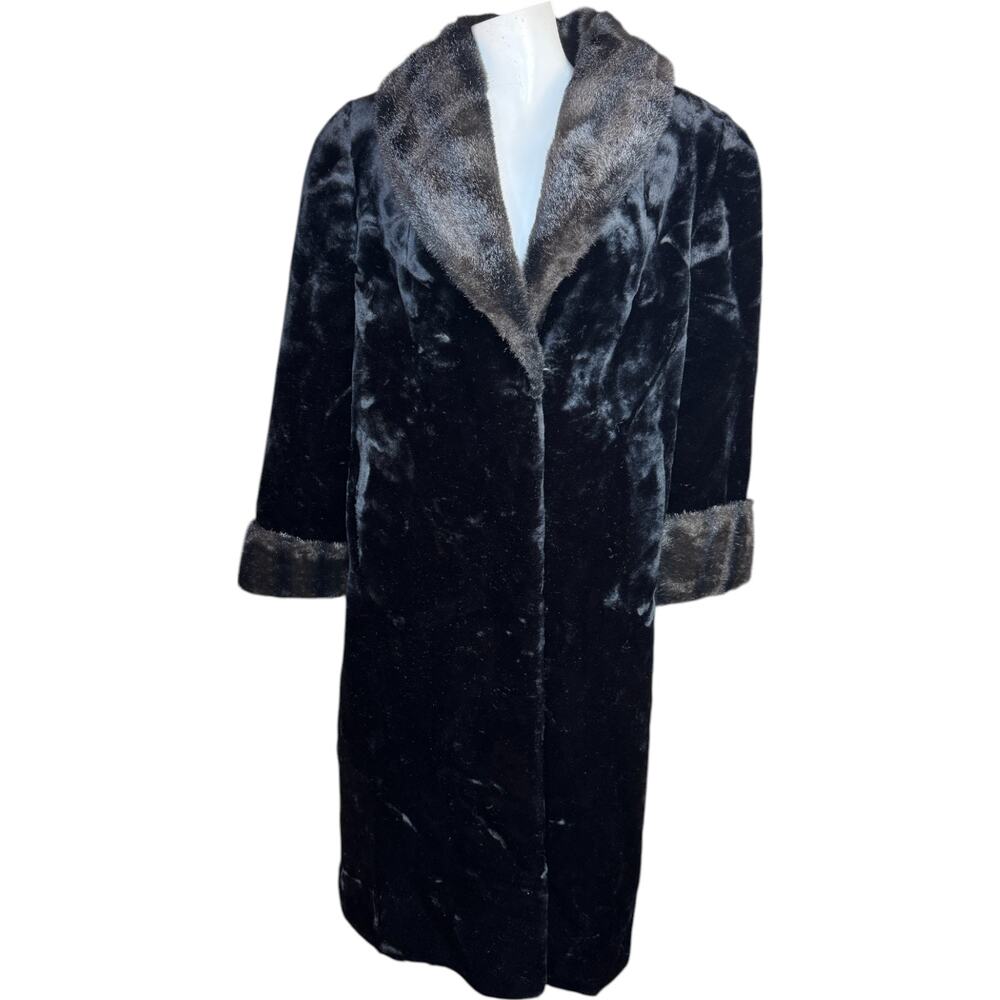 Boulevard East Faux Fur Coat Black Beaver‎ Trim Long Vintage Size Small 6-8